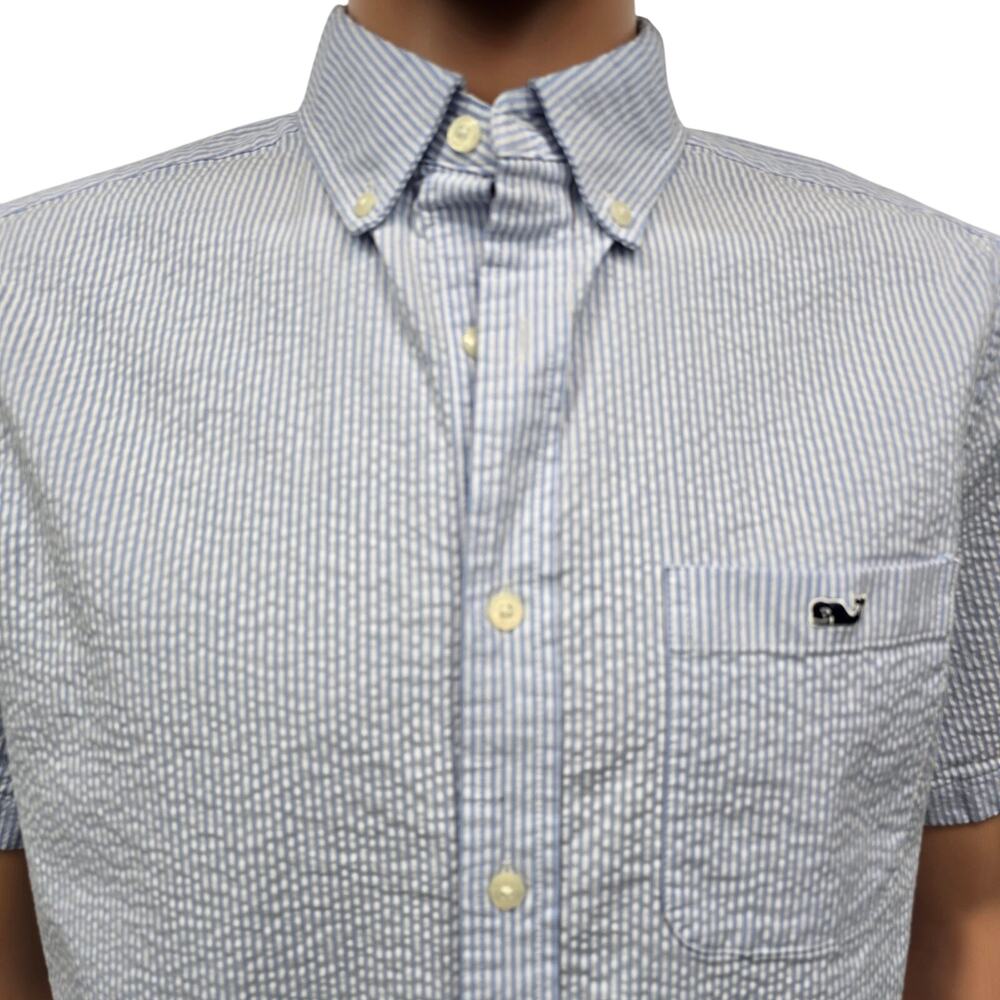 Vineyard Vines Seersucker Shirt Men S Short Sleeves Stretch Blue Striped Whale - Picture 2 of 13